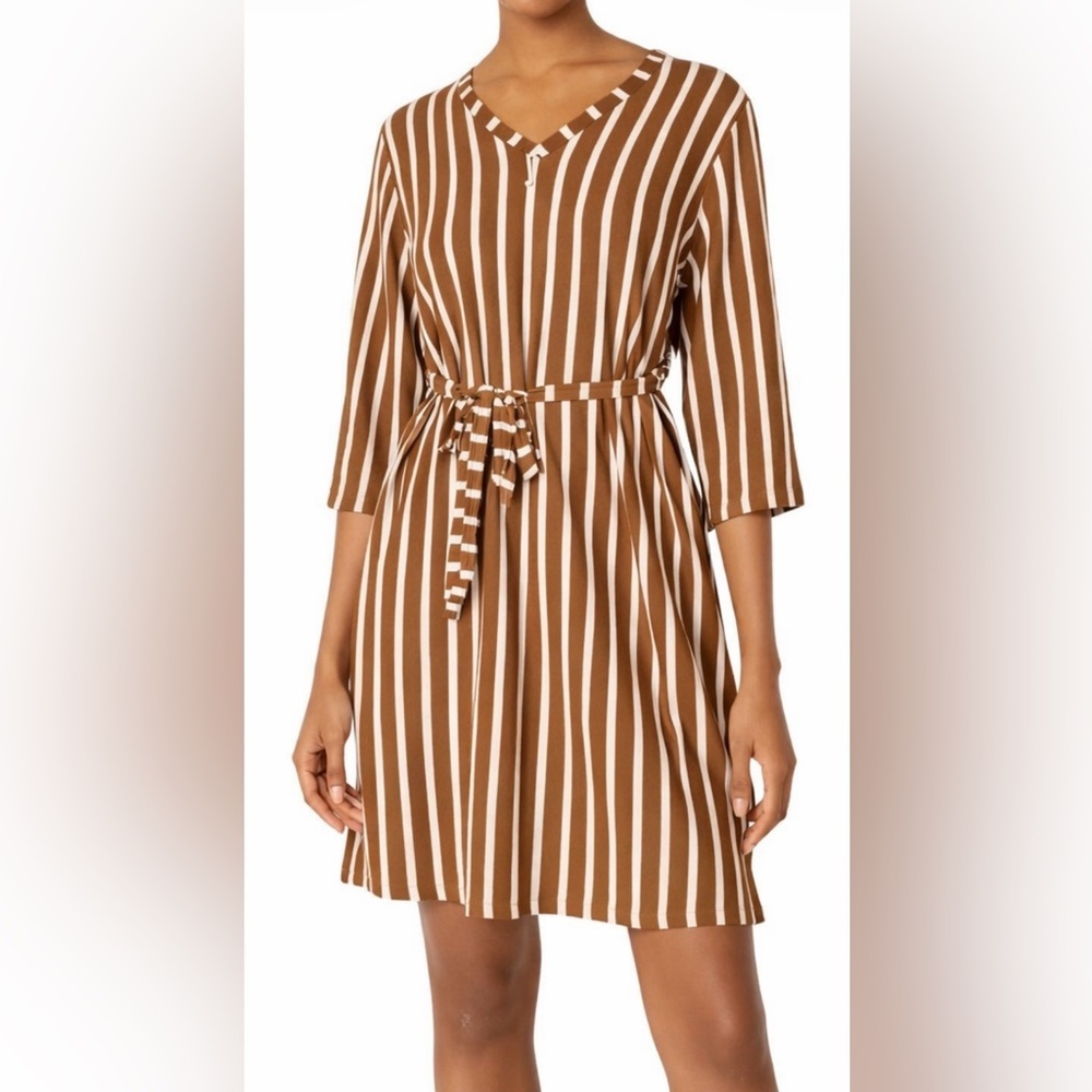 DownEast Adelyn V Neck Stripe Dress Size XXL Cotton Tie Waist Pockets